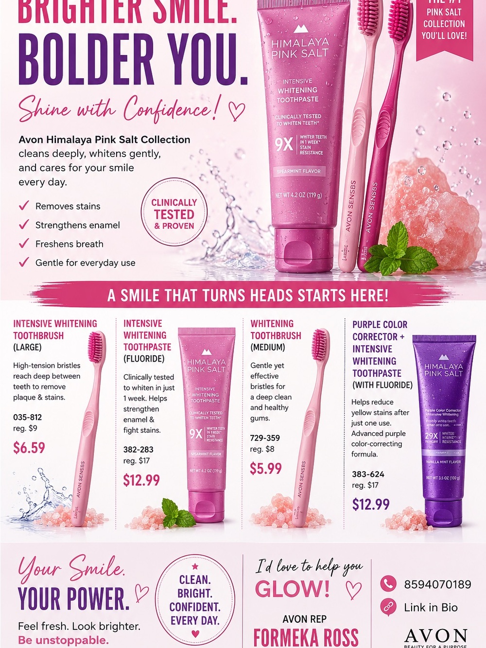 Avon Himalaya Pink Salt Whitening Toothpaste & Matching Pink Toothbrushes